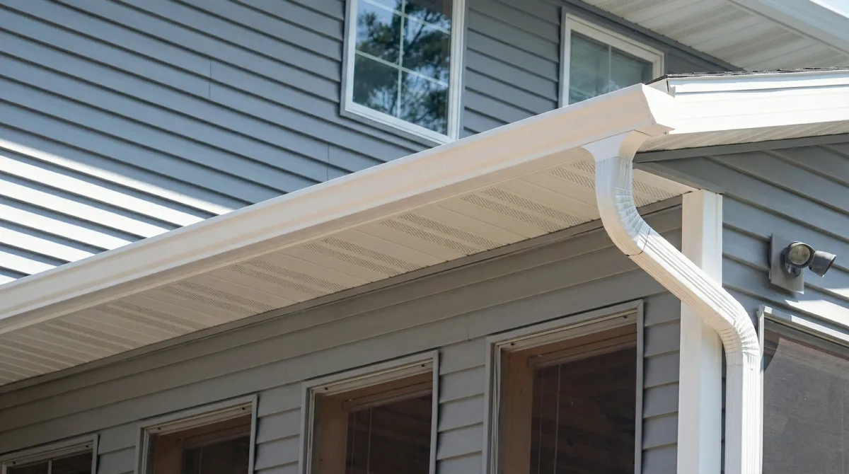 Professional home remodeling project showing newly installed white seamless gutters and downspouts on a house with gray siding in Bradenton, FL