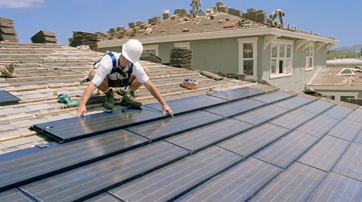 Roof replacement expert installing modern solar shingles on a residential home in Bradenton, FL
