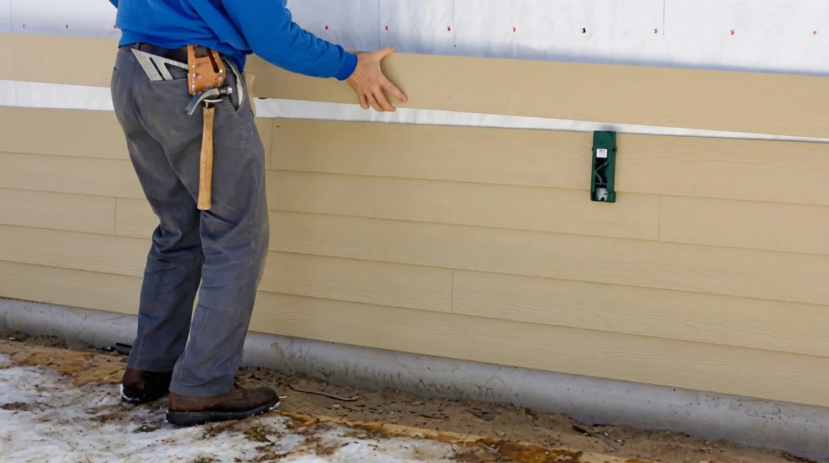 Siding replacement expert carefully aligning a new tan siding panel onto a residential exterior wall in Bradenton, FL