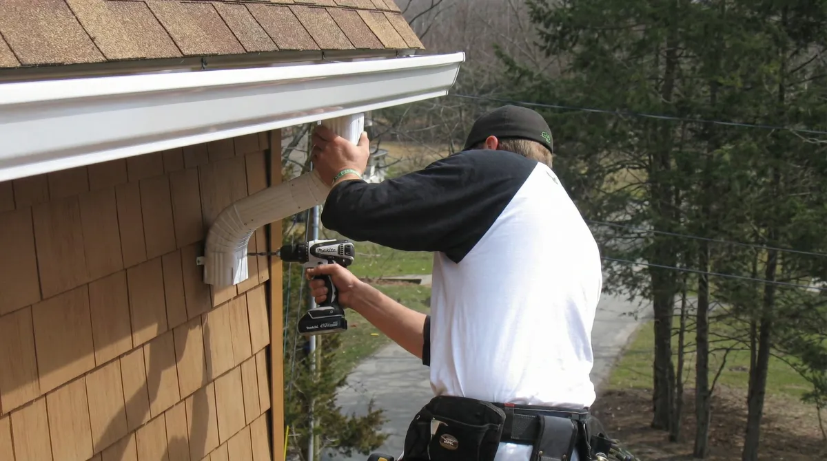 Professional contractor installing tan vinyl siding panels on a residential home exterior in Bradenton, FL
