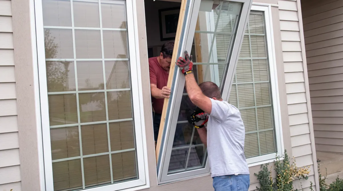 Professional home remodeling team installing a large replacement window on a house with tan siding in Bradenton, FL